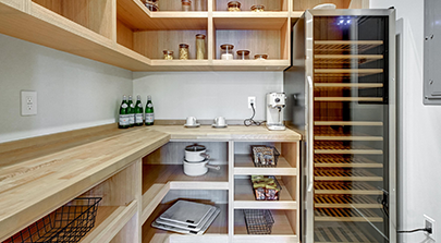 Modern Pantry with Wooden Shelving and Built-in Wine Cooler