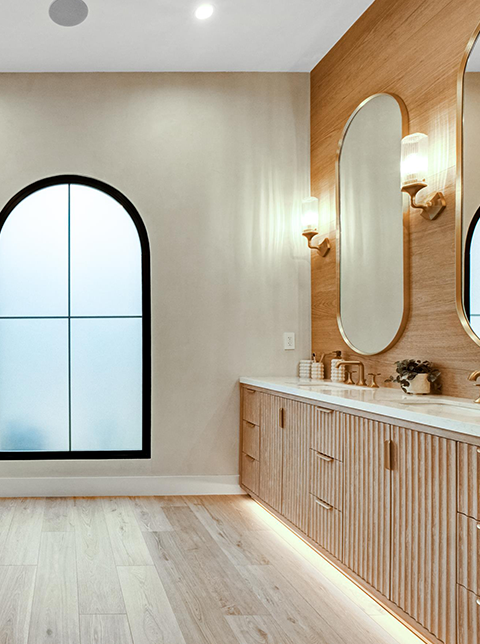 Modern Bathroom with Double Vanity and Wooden Accents for Residential Construction